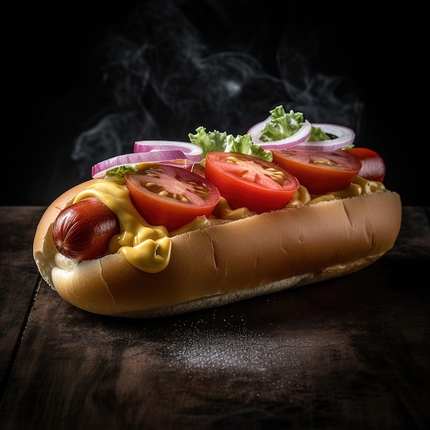 Soczysty Hotdog Z Dodatkami Przypraw Ketchup Mayo I świeża Sałatka Kolorowe I Apetyczne Na Ciemnym Tle Ai Generowane