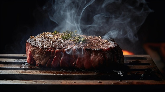Soczysty kawałek marmurkowej wołowiny wagyu skwierczący na gorącym grillu Podczas przewracania mięsa unosi się dym Generacyjna sztuczna inteligencja