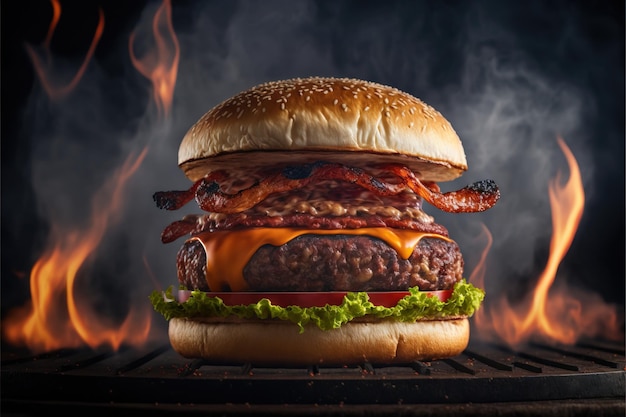 Soczysty Piękny Grillowany Burger Z Bliska Fotorealistyczna Ilustracja