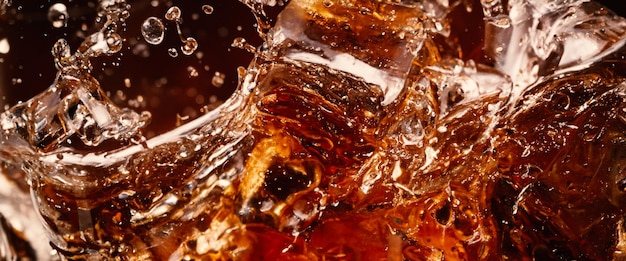 Soda cola i lód rozpryskujący się, musujący lub unoszący się na powierzchni