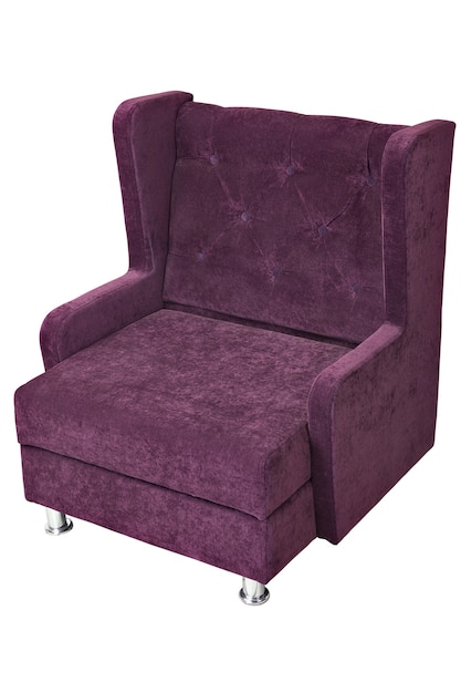 Sofa jednoosobowa z tapicerowaną tkaniną w kolorze fioletowym, na białym tle na białym tle ze ścieżką przycinającą.