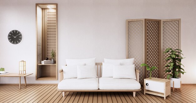 Sofa meble na makieta drewniany pokój projekt minimal.3D renderowania