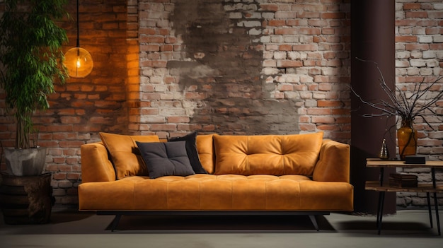 Sofa na poddaszu w starym stylu vintage z ceglaną ścianą