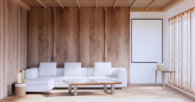 Sofa na tropikalnym wnętrzu pokoju z matą tatami i białą ścianą renderowania 3D