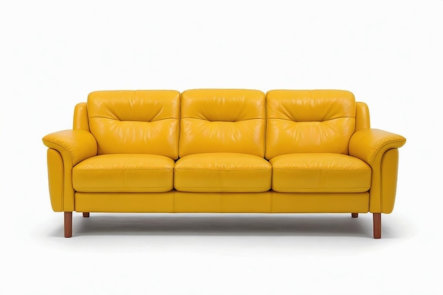 Sofa skórzana o kolorze żółtym z trzema siedzeniami na białym tle widok z przodu