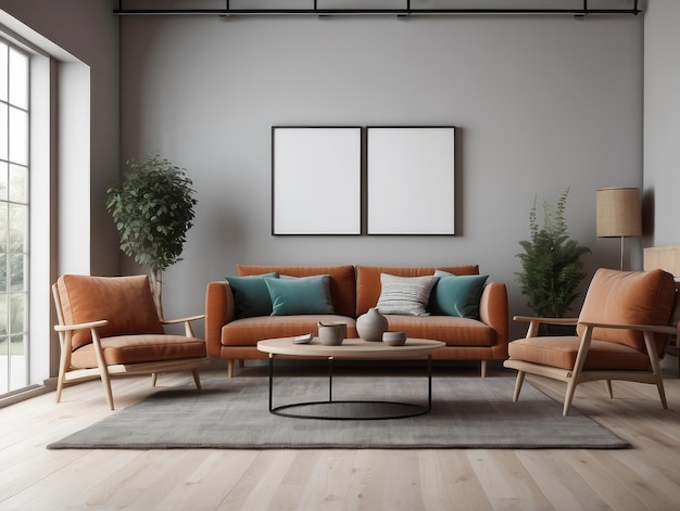 Sofa teal i krzesło terra cotta na białą ścianę w stylu skandynawskim