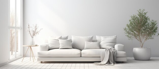 Sofa w białym pokoju skandynawska przestrzeń mieszkalna koncepcja projektowania wnętrza