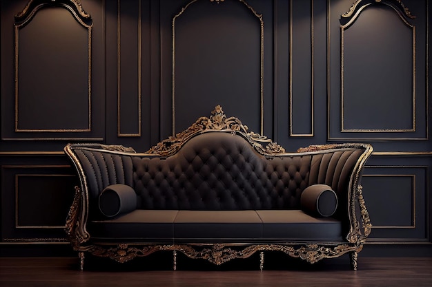 Sofa w ciemnym pokoju ze złotą tapetą.