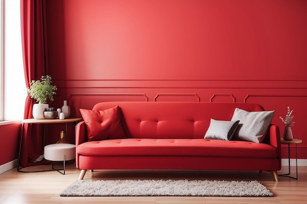 Sofa w czerwonym salonie z miejscem na makiety