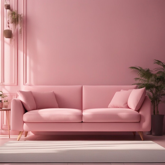 Sofa w różowym wnętrzu salonu z miejscem do kopiowania ze słonecznymi cieniami