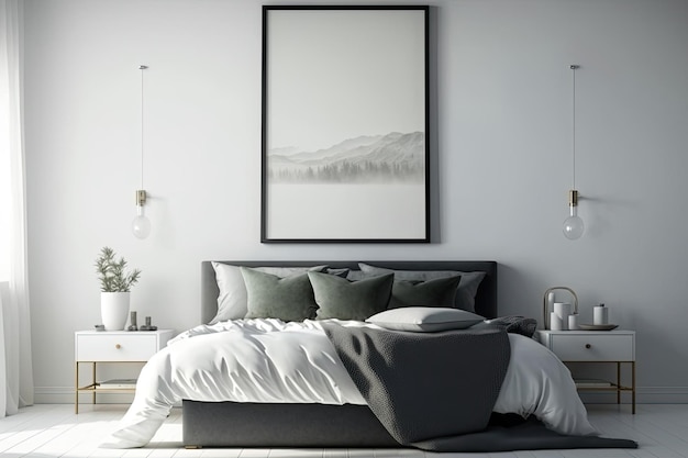 Sofa w sypialni z oprawionym plakatem nad łóżkiem Makieta minimalistycznego projektu przestrzeni