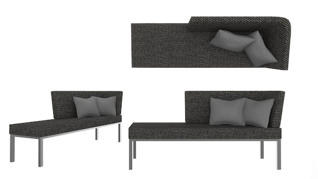 Sofa z czarnej tkaniny na białym tle widok z góry z boku renderowania 3d