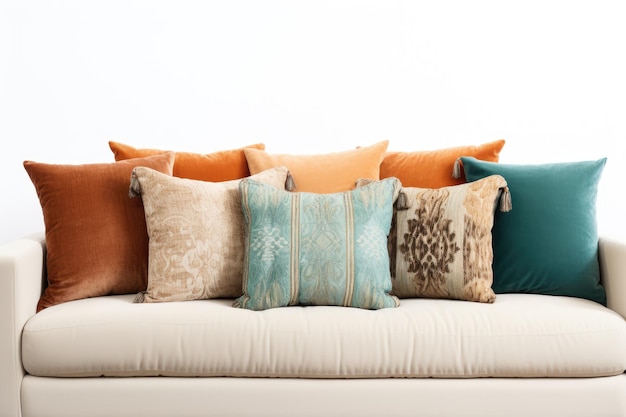 Sofa z licznymi poduszkami na białej lub przezroczystej powierzchni PNG Przezroczyste tło