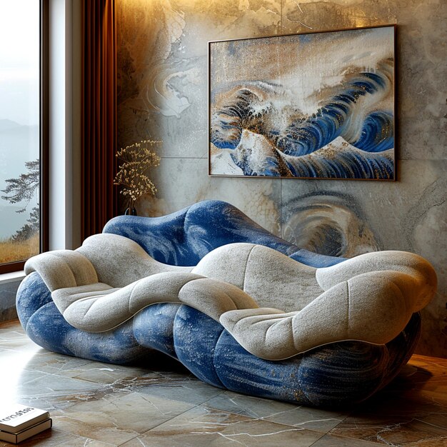 Zdjęcie sofa z teksturą fal oceanicznych w luksusowej marmurowej przestrzeni mieszkalnej