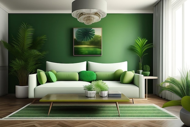 Sofa z zieloną tkaniną w stylu średniowiecza w stylu retro z poduszką i kocem zielone drzewo tropikalne na białym p