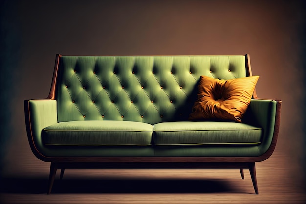 Sofa z zielonym akcentem z połowy wieku na różowym tle AI