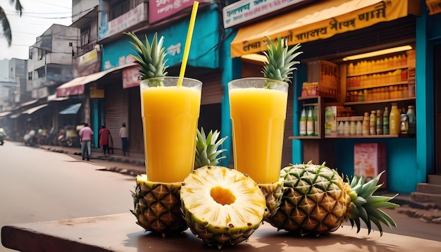 Zdjęcie sok ananasowy przy drodze w indiach