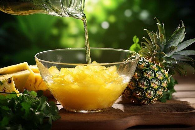Zdjęcie sok ananasowy używany do pieczenia, takich jak ciasto ananasowe do góry nogami