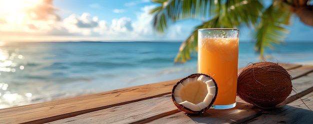 Sok kokosowy i pomarańczowy w szklance na drewnianym stole na tle morza i flagi palmowej