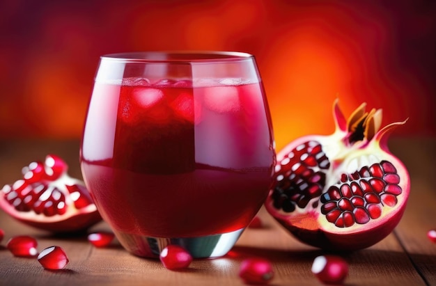 Zdjęcie sok owocowy świeży granat szklanka świeżo wyciśniętego soku granatowego na drewnianym stole odświeżający napój