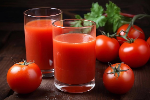 Sok pomidorowy w szklance i pomidorach Sok pomidorowy w szklance i pomidorach AI Generated