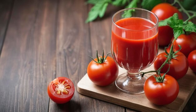 Sok pomidorowy w szklance i świeże pomidory na gałęzi na drewnianym tle