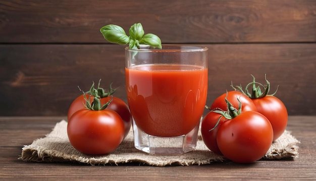 Sok pomidorowy w szklance i świeże pomidory na gałęzi na drewnianym tle