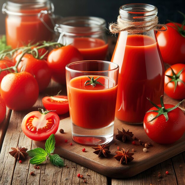 Sok pomidorowy w szklanych kieliszkach i świeże dojrzałe pomidory na gałęzi