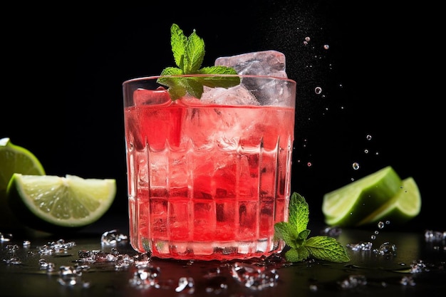 Zdjęcie sok z arbuza w szklance z kostkami lodu i wapnem