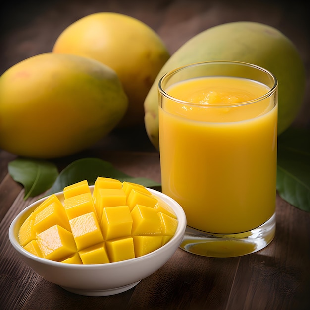 Sok z mango i mango leżą na stole ze szklanką soku z mango.
