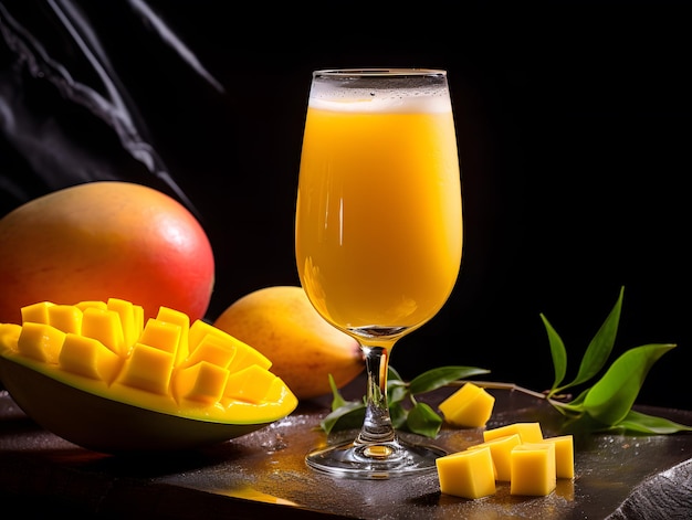 Sok z mango smoothie ze świeżych owoców tropikalnych przyozdobiony pokrojonym mango