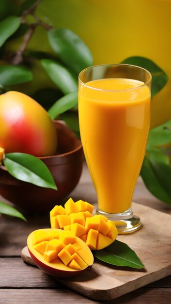 Zdjęcie sok z owoców mango z kawałkiem mango wygenerowane przez sztuczną inteligencję