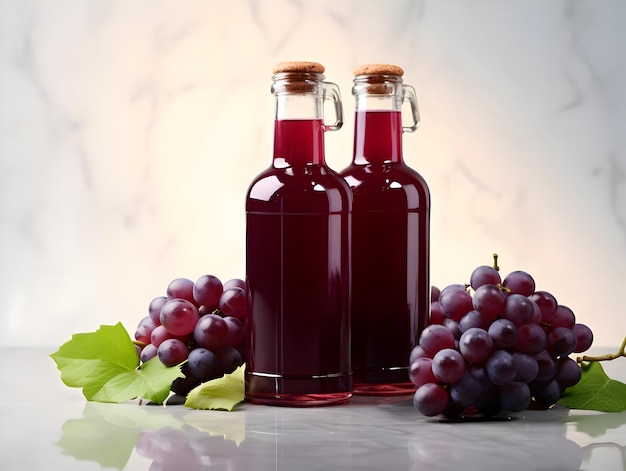 Sok z winogron w szklanych butelkach na jasnym tle Wysoka jakość