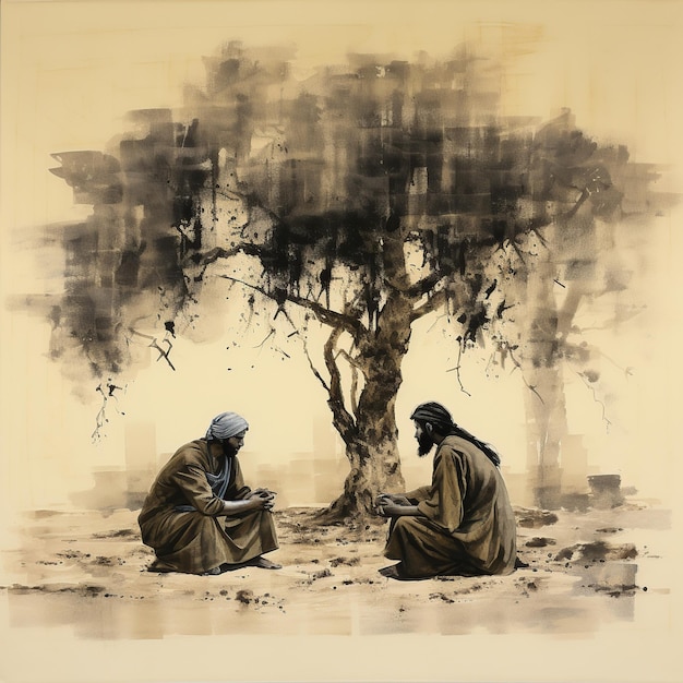 Zdjęcie sokrateski dialog pod drzewami oliwnymi na starym obrazie papierowym