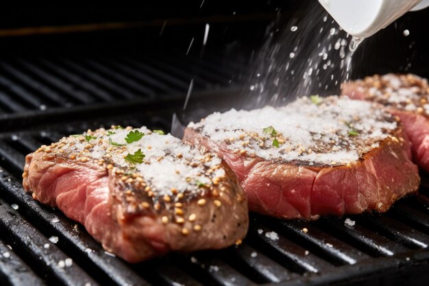 Sól morska i papryka posypana smażonym stekiem na grillu