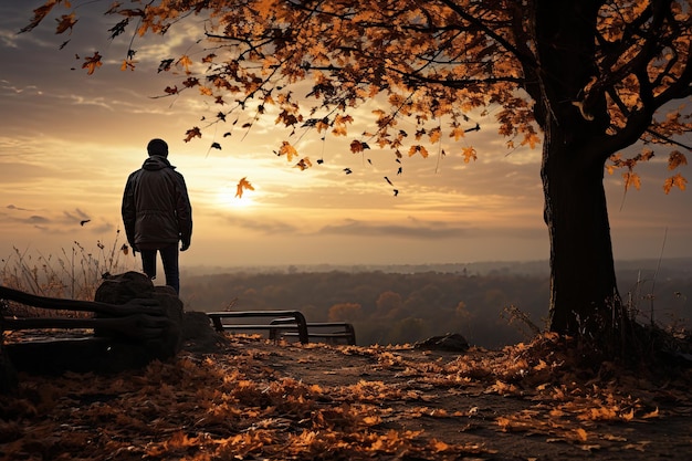 Solidna postać na ławce w parku Melancholia wichury w generatywnym IA Distant Horizon