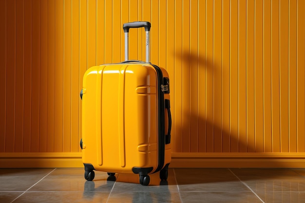 Solidna żółta walizka podróżna na żółtej drewnianej ścianie