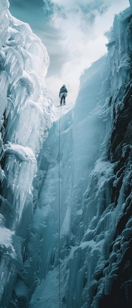 Solo Ice Climber na rozległej lodowatej przestrzeni minimalistyczna estetyka