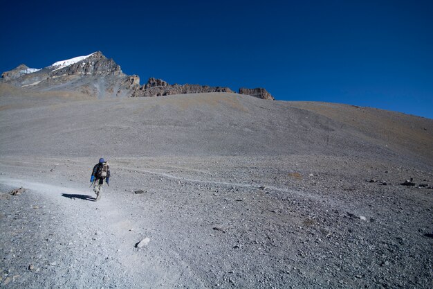 Solo trekker na górze z przyrodą