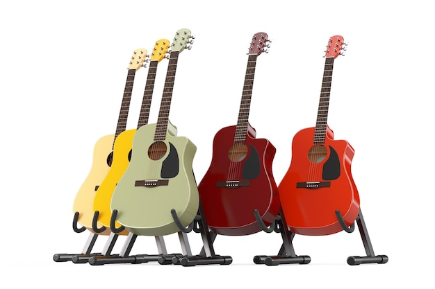 Solored drewniane gitary akustyczne z podstawką na gitarę na białym tle renderowania 3d
