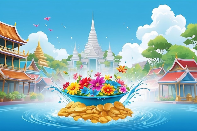 Songkran festiwal wody podróż thailandie kwiaty w misce z wodą rozpryskiwanie wody