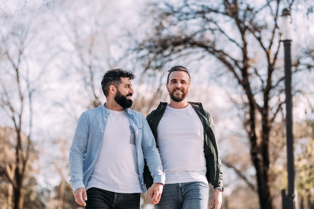 Sonriente pareja gay multietnica caminando en el parque