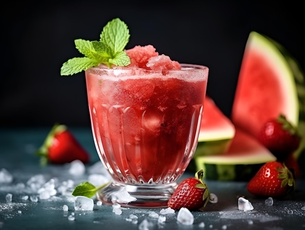 Sorbet z jagody arbuzowej z liściem mięty na ciemnym tle z bliska Świeżo zmieszany lodowy smoothie z jagodami i arbuzami w przezroczystym szklanie Czerwony sorbet z jagodami koncepcja letniego deseru AI