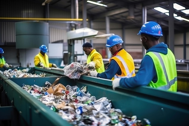 Sortownia odpadów Wiele różnych przenośników i bunkrów Pracownicy sortują śmieci na przenośniku Utylizacja i recykling odpadów Zakład recyklingu odpadów
