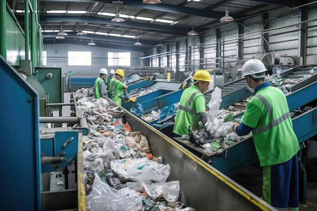 Sortownia odpadów Wiele różnych przenośników i bunkrów Pracownicy sortują śmieci na przenośniku Utylizacja i recykling odpadów Zakład recyklingu odpadów