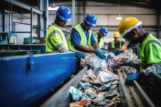 Sortownia odpadów Wiele różnych przenośników i bunkrów Pracownicy sortują śmieci na przenośniku Utylizacja i recykling odpadów Zakład recyklingu odpadów