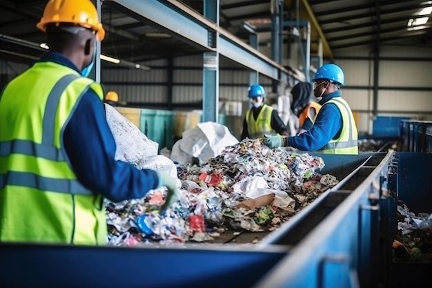 Sortownia Odpadów Wiele Różnych Przenośników I Bunkrów Pracownicy Sortują śmieci Na Przenośniku Utylizacja I Recykling Odpadów Zakład Recyklingu Odpadów