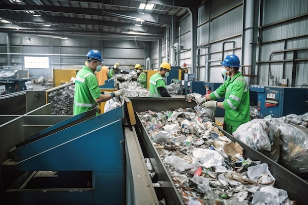 Zdjęcie sortownia odpadów wiele różnych przenośników i bunkrów pracownicy sortują śmieci na przenośniku utylizacja i recykling odpadów zakład recyklingu odpadów