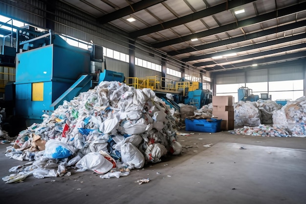 Sortownia odpadów Wiele różnych przenośników i pojemników Przenośniki wypełnione różnymi odpadami komunalnymi Utylizacja i recykling odpadów Zakład przetwarzania odpadów