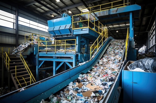 Sortownia odpadów Wiele różnych przenośników i pojemników Przenośniki wypełnione różnymi odpadami komunalnymi Utylizacja i recykling odpadów Zakład przetwarzania odpadów